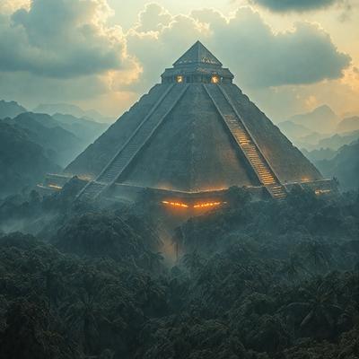 The primary subject of the image is a large, ancient-looking structure, possibly a temple or a pyramid, with a triangular shape. The setting is a lush, green forest, with trees surrounding the structure. The visual style appears to be a combination of photo and digital art, creating a unique and intriguing atmosphere. The dominant colors are green, brown, and black, giving the scene a sense of mystery and depth.